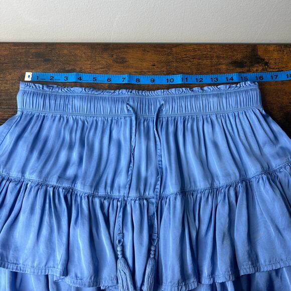 Aerie Sweet N Silky Satin Ruffle Tiered Mini Skirt Blue Sz L Flowy Y2K Western - Picture 8 of 9